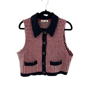 Boden Womens Houndstooth Knit Button Front Sweater Vest Red Navy Blue Large